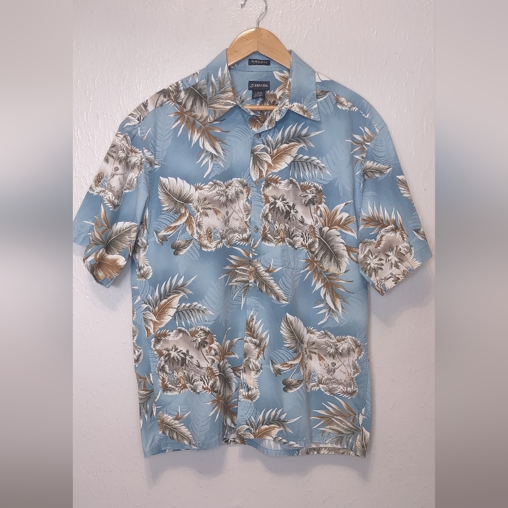 St. John's Bay Light Blue and Brown Tropical Hawaiian Cotton Mens Large Shirt